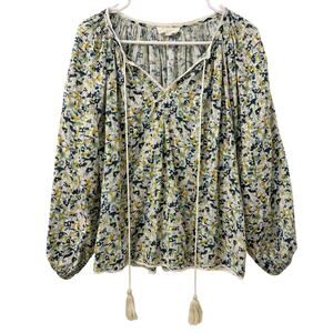 Mabe Womens Floral Balloon Sleeve Cotton Gauze Top Size M Tassels Boho Hippie